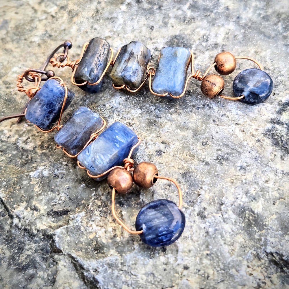 Natural Blue Kyanite Handwoven Ladder In Massai Style Earrings In Antique Copper - Picture 2 of 9